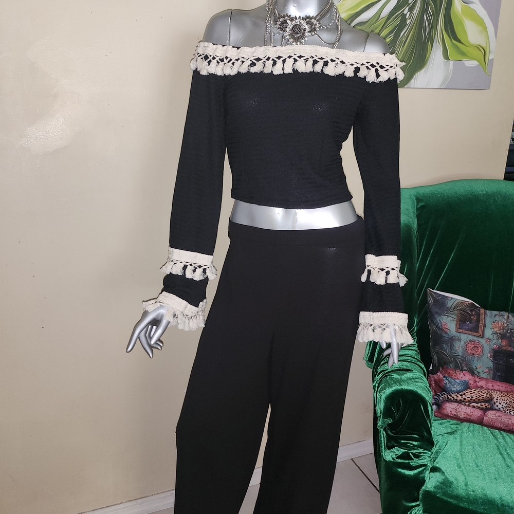 Chic Black and Cream Off-Shoulder Blouse